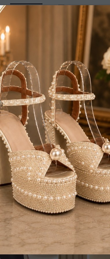 Balanced platform heel Marikina, gold pearl-beaded bespoke platform heel