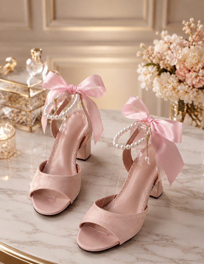 Promé & Theüs blush pink bespoke bridal entourage sandal with satin bow and pearl ankle strap, Marikina wedding shoemaking