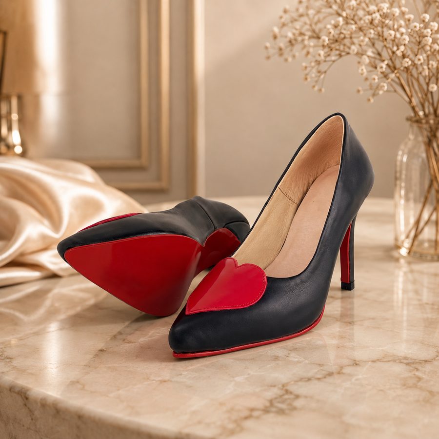 Promé & Theüs black leather statement pump with red heart detail and contrast sole, handcrafted Marikina atelier